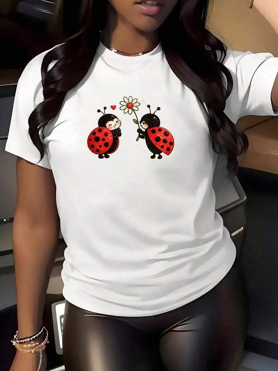 Loose Ladybug Floral Print T-Shirt, Women's Crew Neck Top, Casual Everyday Shirt, Cute Insect Design, Suitable For Spring And Summer, For All Seasons. DDQDBasic Women's Cotton Crew Neck T-Shirt - 白色的 - 查看 1
