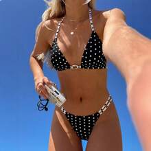 Nuevo bikini sexy de dos piezas con estampado de lunares para mujer, puro y seductor, estilo ins para vacaciones en la playa. - Lunares blancos y negros - Ver 7