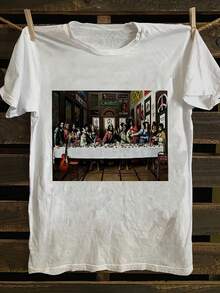 Camiseta casual de manga corta y cuello redondo para mujer con estampado gráfico de la Última Cena de Leonardo da Vinci - Top transpirable de corte regular y cuello redondo para ropa casual, diseño inspirado en el arte, fácil de cuidar y para todas las estaciones - Ideal para amantes del arte y entusiastas de la historia - Blanco - Ver 1