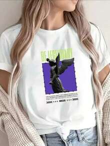 Women's Sets: Crisp T-Shirt In Light Gray Mix | Casual Outdoor Wear, Lightweight And Breathable Design With Minimalist Cut And Soft Texture For Everyday Comfort In Urban Or Garden Environments, Round Neck, Medium Stretch Fabric, Plus Size Casual Printed Short Sleeve T-Shirts For Women, Loose Fit, Stylish Graphic Design, Comfortable Summer Blouses. - 白色 - 查看 1