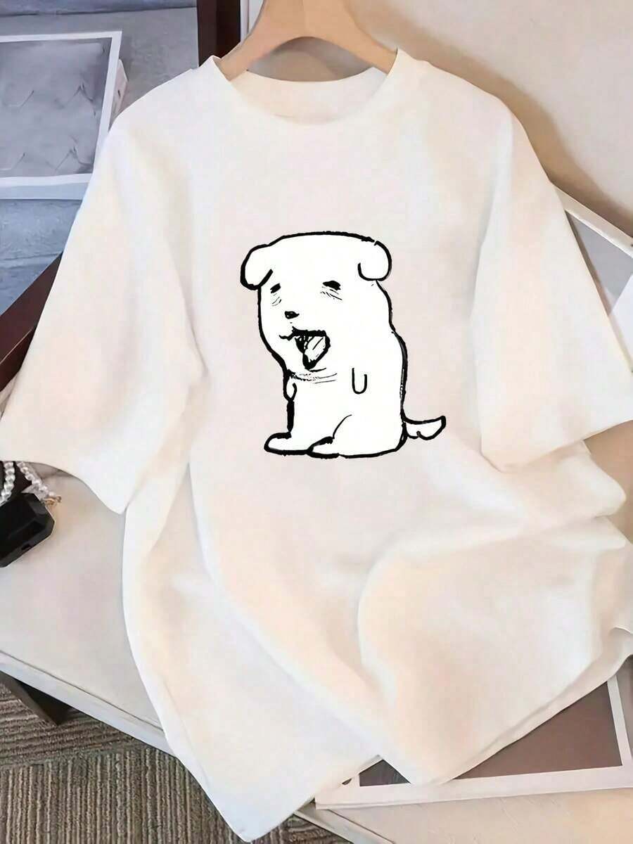Under The Radar Women's Casual Off-Shoulder Short-Sleeve T-Shirt With A Playful And Adorable Yawning Puppy Print - A Fun And Heartwarming Design - A Niche Style Perfect For Everyday Wear By Students. Unisex Cotton Loose Fit Short-Sleeve Crew Neck T-Shirt With An Urban Vintage Style - 白色 - 查看 1