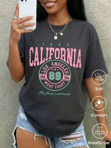 Camiseta de mujer estampada de manga corta para verano, Nueva camiseta de manga corta con cuello redondo para mujeres, Tops de mujer, Estilo multifuncional, Estampado de dibujos animados. - Gris oscuro - Ver 1
