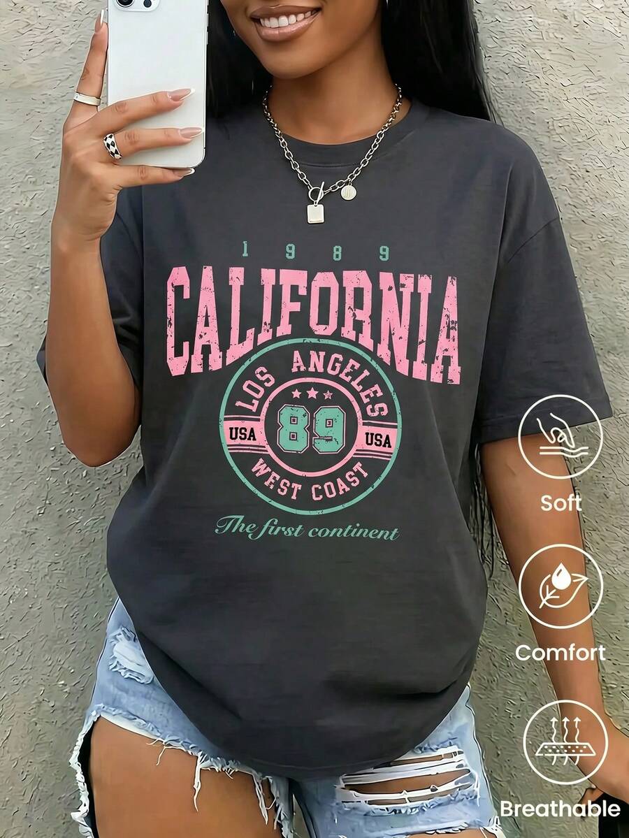 Camiseta de mujer estampada de manga corta para verano, Nueva camiseta de manga corta con cuello redondo para mujeres, Tops de mujer, Estilo multifuncional, Estampado de dibujos animados. - Gris oscuro - Ver 1