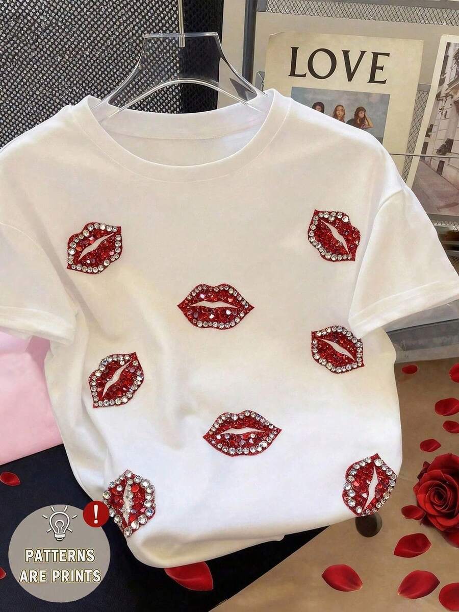 Women's Crew Neck T-Shirt With Red Lips Graphic Print, Short Sleeve Casual Style, Street Fashion And Y2K-Vintage Street Style Unisexoose Cotton Short Sleeve Crew Neck T-Shirt - 白色的 - 查看 1