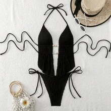 Bikini de dos piezas con tirantes dobles con cuentas, traje de baño de dos piezas irregular, bikini sexy de color sólido. - rosa - Ver 7