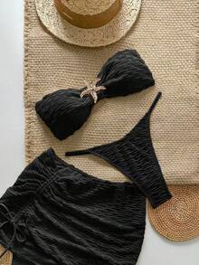 Nuevo y sexy traje de baño de tres piezas en color sólido para mujer, con diseño de estrella de mar, ideal para vacaciones en aguas termales. - blanquecino - Ver 7