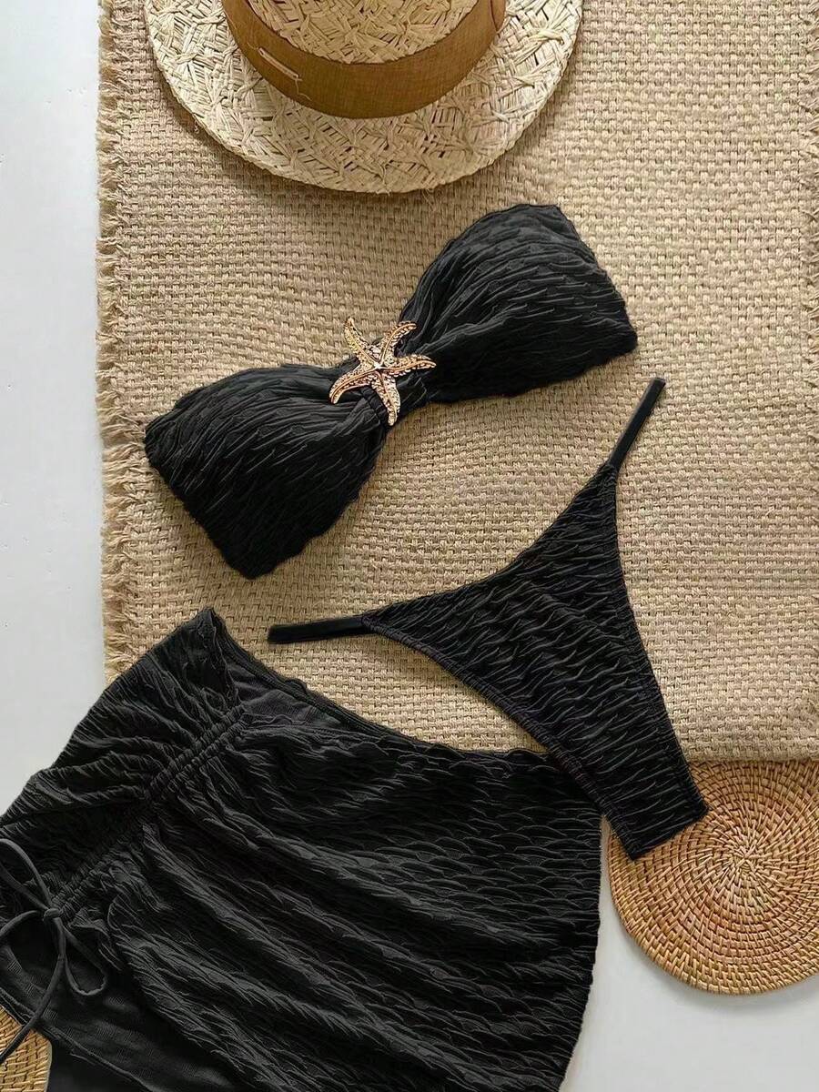 Nuevo y sexy traje de baño de tres piezas en color sólido para mujer, con diseño de estrella de mar, ideal para vacaciones en aguas termales. - Negro - Ver 1