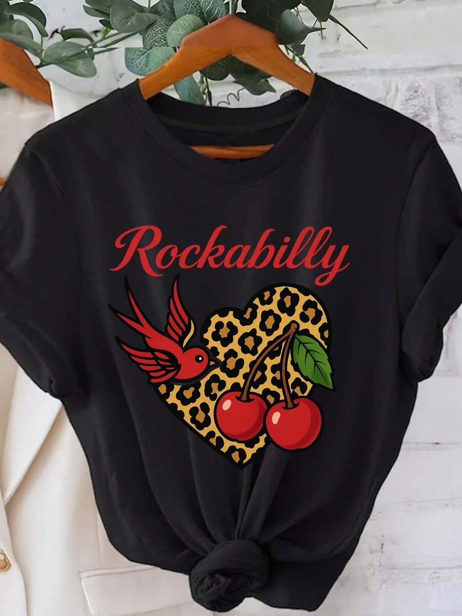 1 pieza de camiseta de mujer con cuello redondo, diseño retro de corazón rock, patito volando hacia una cereza, estampado casual estilo Roabilly, 180g 100% algodón. - Negro - Ver 1