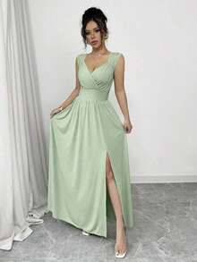Vestido largo con cuello en V de encaje elegante francés, cintura fruncida y abertura lateral en estilo A, color caqui, adecuado para uso diario, banquetes, bodas, primavera/verano - verde menta - Ver 8