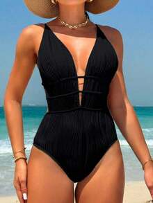 Traje de baño de una pieza con diseño de espalda descubierta, de unicolor, fashionable, para playa de verano, color blanco - Negro - Ver 8