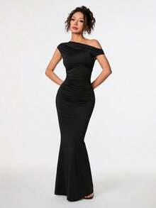 Ropa de verano, atuendos para citas diarias y viajes, atuendos de fiesta, atuendos interiores elegantes para mujeres, atuendos para salir, vestido asimétrico de sirena extra largo con hombros caídos, atuendos de club para mujeres, atuendos de - Negro - Ver 6