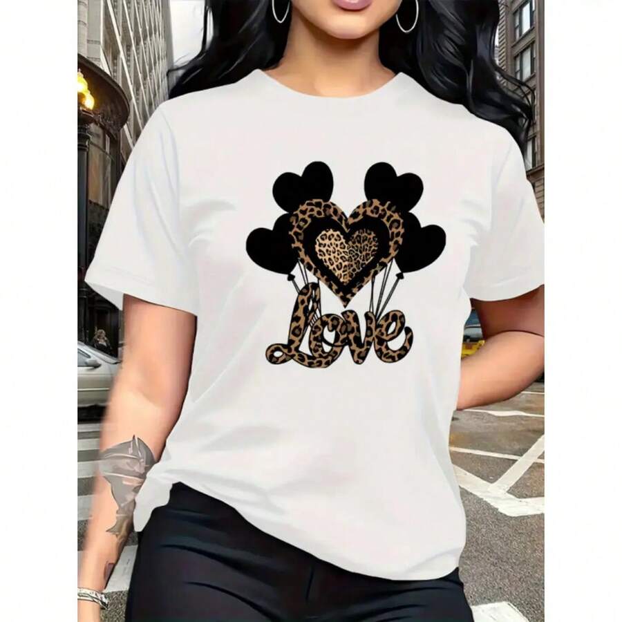 Women's Graphic T-Shirt With Leopard Heart Print, Short Sleeves, Round Neck, Loose Fit, Soft And Lightweight, Ideal For Everyday Wear, Streetwear, Valentine's Day Outfit. - 白色 - 查看 1