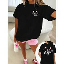 Women's Cotton T-Shirt With Cat Mom Print, Cute T-Shirt For Cat Lovers, Soft And Breathable, Short Sleeve, Casual For Everyday Wear, Gift For Pet Owners And Cat People - 黑色 - 查看 1