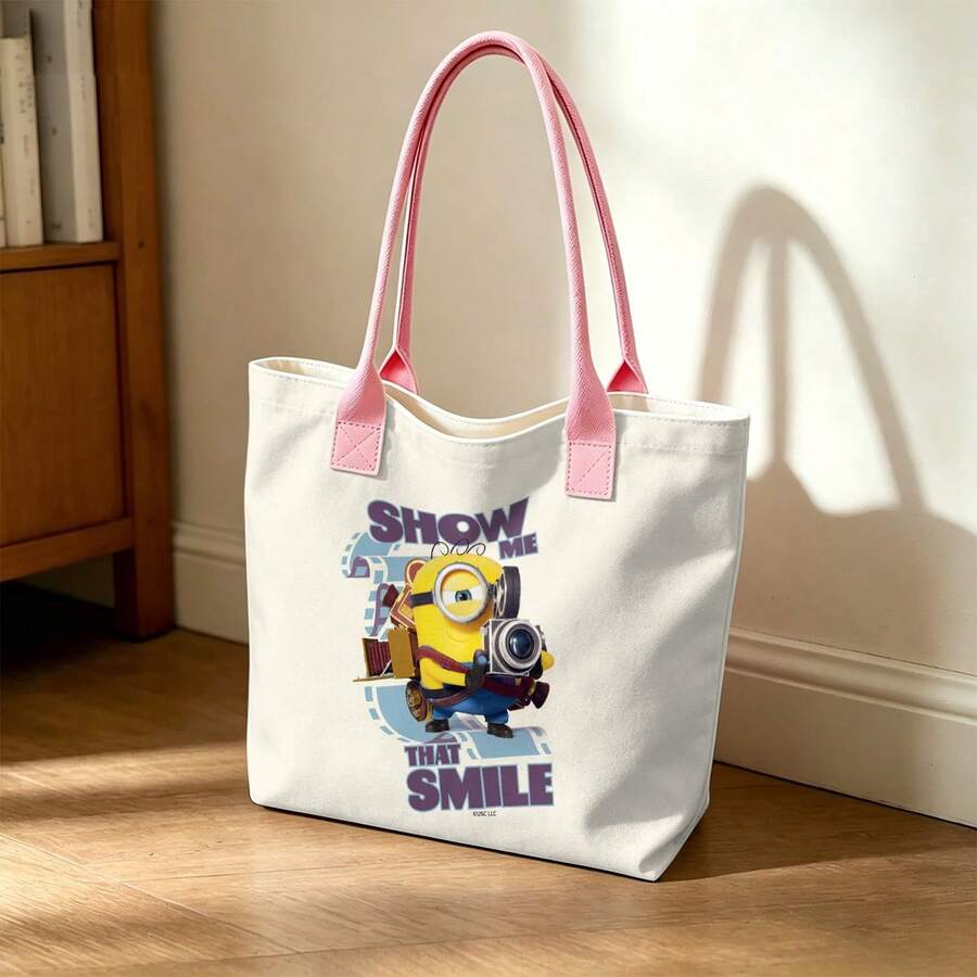 Miniso Túi tote vải canvas in hình Minions "Show Me That Smile Photographer", màu trắng, thích hợp sử dụng hàng ngày. - Hồng - Xem 1