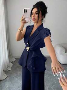 Elenzya Traje formal elegante de mujer color albaricoque, conjunto de blazer con cuello de volantes de organza con lentejuelas y cintura con lazo, que incluye chaqueta sin mangas y pantalones rectos, color burdeos, adecuado para Halloween, Navidad, Año Nuevo, ceremonia de graduación, boda y otras ocasiones. - Azul marino - Ver 5