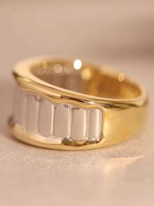 1 pieza Anillo de banda ancha elegante y versátil de lujo y moda, con textura de metal enchapado de dos tonos, adecuado para uso diario, banquetes, fiestas, regalos, accesorio de joyería - anillo - Ver 3