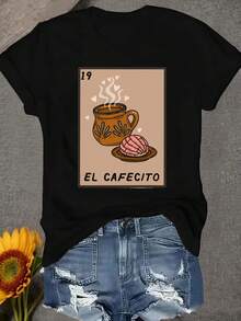 Camiseta de mujer con estampado de pastel de café 19 EL CAFECITO| Cuello redondo suave, manga corta, ropa casual para el día a día con diseño de café español - Blanco - Ver 5
