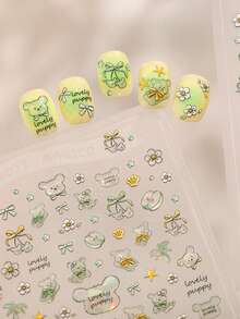 5D Embossed Puppy Nail Stickers, Nail Artist Essential Spring/Summer Sticker, Self-Adhesive Rainbow Bow Floral Nail Art Decor, 1 Sheet - Green - View 6