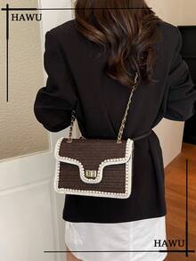 Fashion Pearl Design Straw Shoulder Bag, Small Square Bag For Beach Vacation - Coffee - View 8