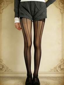 1pc Sheer Lace Striped Pantyhose, Elegant Polka Dot Line Pattern, Semi-Transparent Tights - Multicolor - View 5