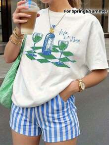 Women's Summer Casual Clothes, Short Sleeve, 1 Piece, 2026, 1 Piece For Women, Casual, Short Sleeve, Round Neck T-Shirt - Cartoon Pattern, Print, Loose Fit, Off Shoulders, Medium, Stretch, Washable, Spring/Summer, Weekend Style, Soft Texture, Exclusive, Fashion, Summer Enthusiasts, Tops, Simple, Graphic Print Tee, Casual, Mother's Day Gift - 白色 - 查看 2