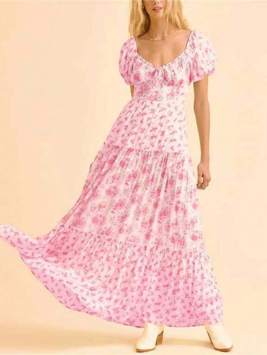 Women's Summer Floral Print Casual Fashion Puff Sleeve V-Neck Dress for Everyday Wear - Rosa - Ver 1
