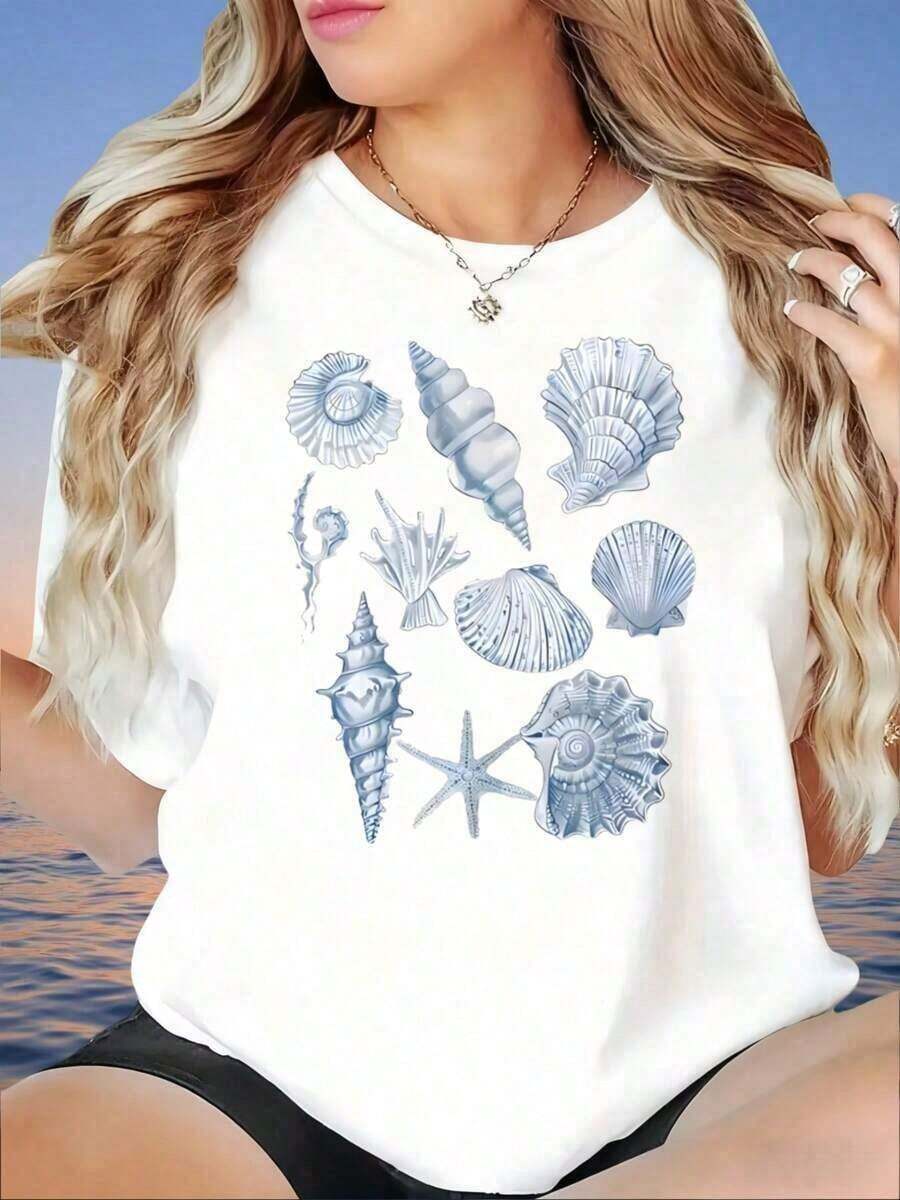 Camisa holgada de verano para mujer con estampado playero, blusa casual de manga corta con diseño de vida marina, estampados divertidos, regalos adecuados, camisa de mujer estilo vintage urbano, camiseta unisex holgada de algodón de manga corta con cuello redondo. - Blanco - Ver 1