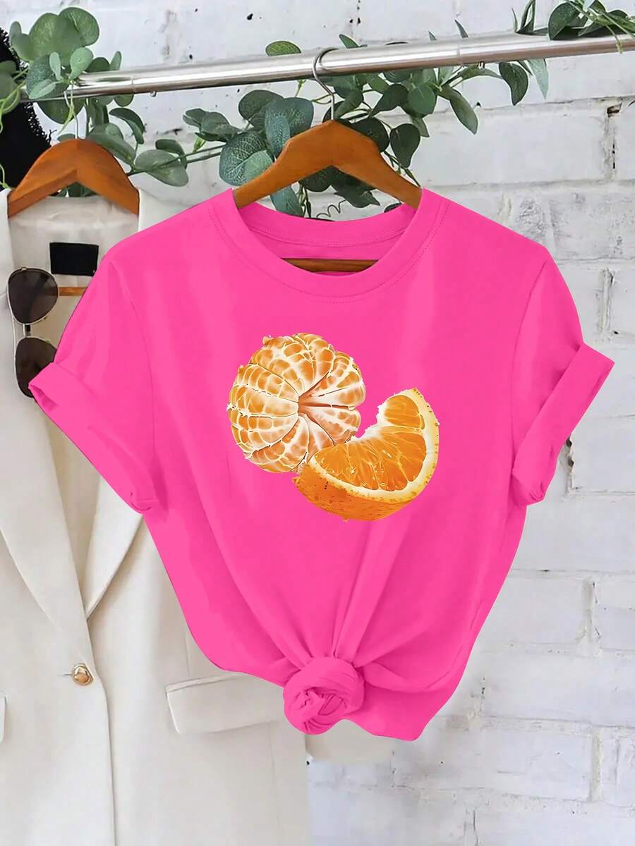 Talla Grande, Novedad de Verano, Camiseta Casual de Moda para Mujer con Estampado de Rodaja de Naranja y Pulpa, Ropa Elegante para Mujer - Rosa Fucsia - Ver 1