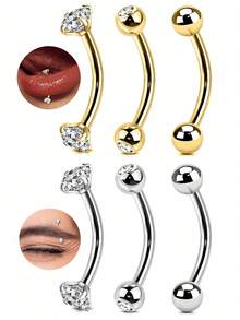 Khuyên xỏ môi và lông mày bằng thép không gỉ 16G hình tạ cong, mạ vàng và bạc, đính đá CZ sáng bóng và đầu bi trơn, phù hợp cho phong cách hàng ngày và punk, unisex, kích thước 1.2mm*10mm. - Bạc - Xem 3