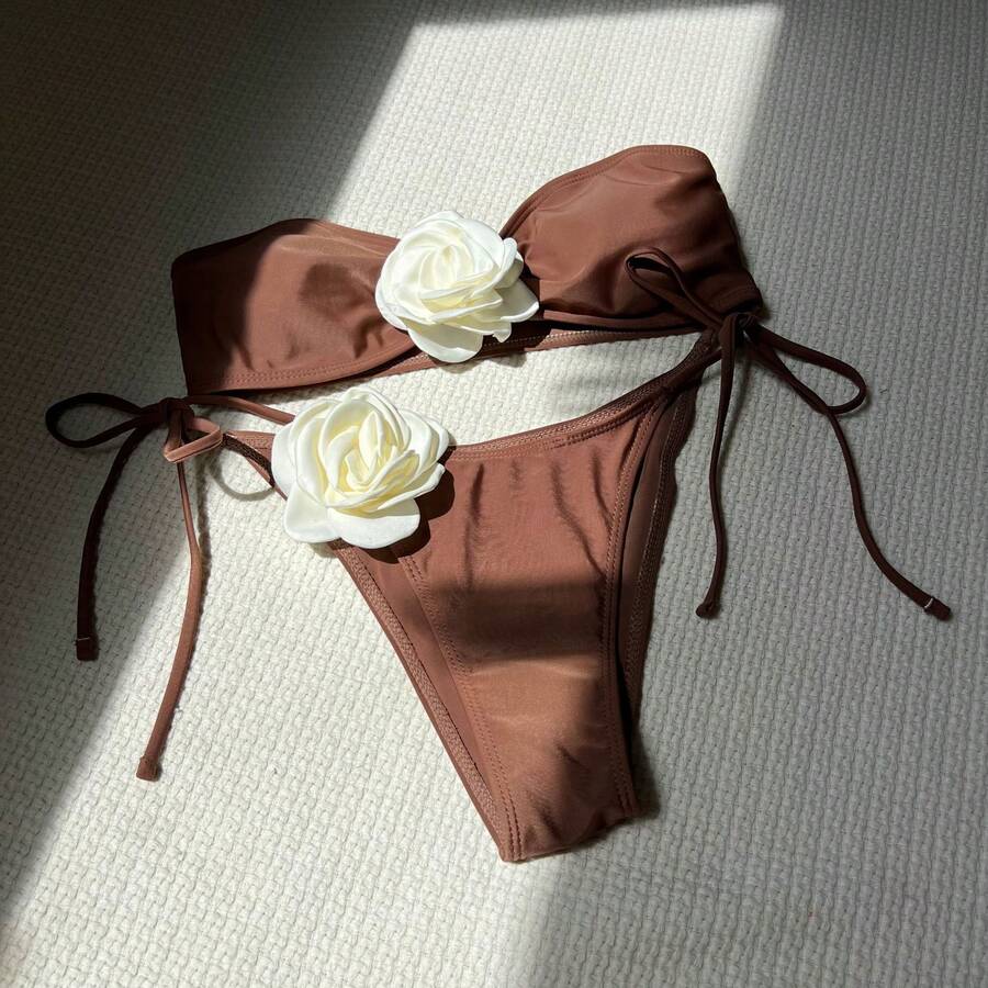 Two-Tone Pink Strapless Bikini With Adjustable Drawstring And Tie Straps Bikini9149 - Coffee Brown - View 1