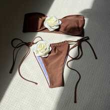 Nuevo bikini de color sólido rosa sin tirantes con cordón ajustable bikini9150 - marrón café - Ver 1