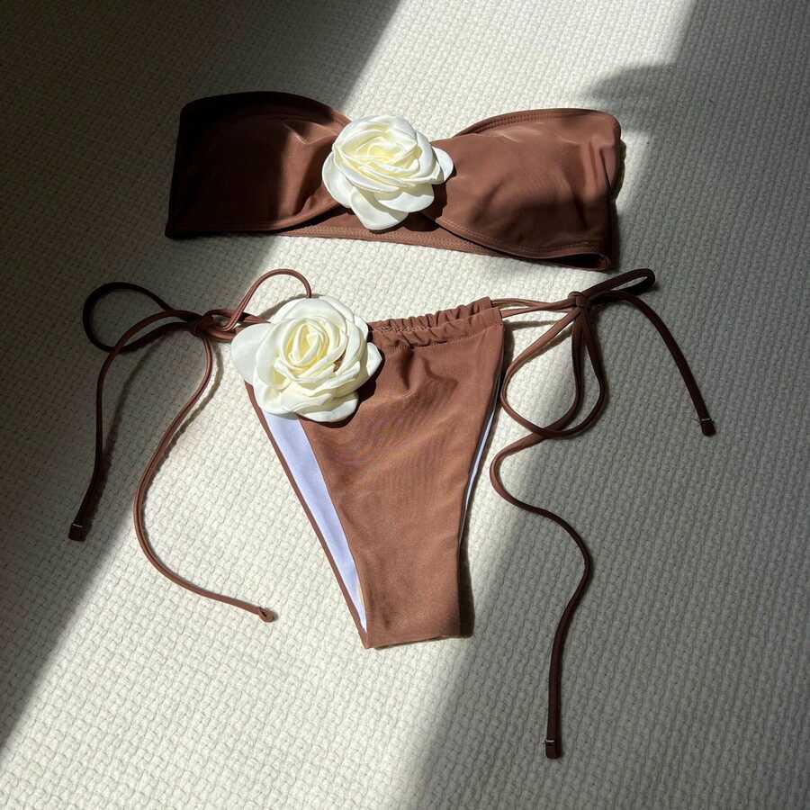 Nuevo bikini de color sólido rosa sin tirantes con cordón ajustable bikini9150 - marrón café - Ver 1