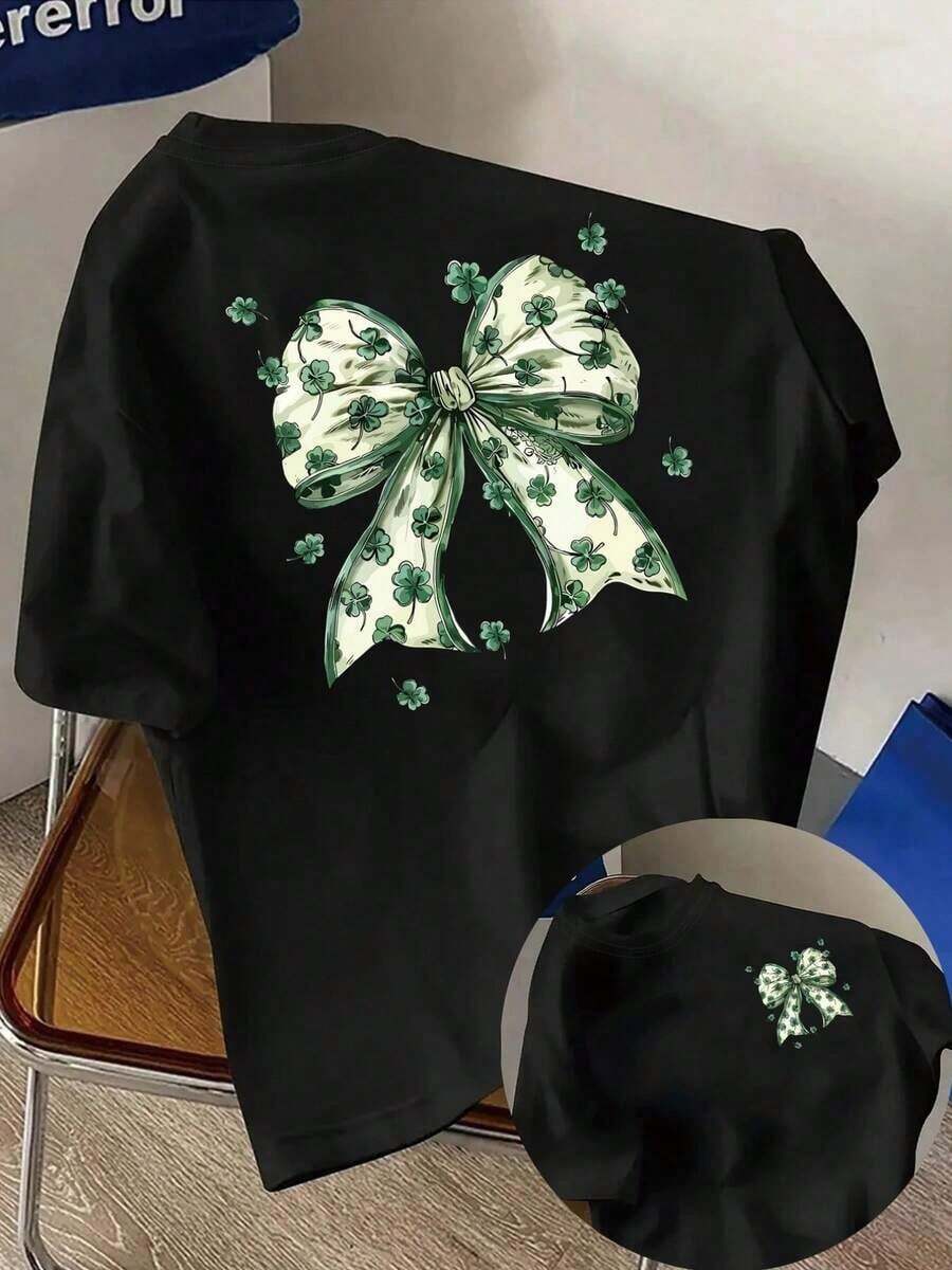 Camisetas de manga corta de talla grande, suaves y transpirables para mujer - Tops casuales de corte holgado para uso diario, camiseta de manga corta con estampado frontal y trasero - Estampado de lazo de trébol, moda del Día de San Patricio - Camiseta estampada de primavera/verano para mujer, artículo de moda, transpirable y cómoda. - Negro - Ver 1