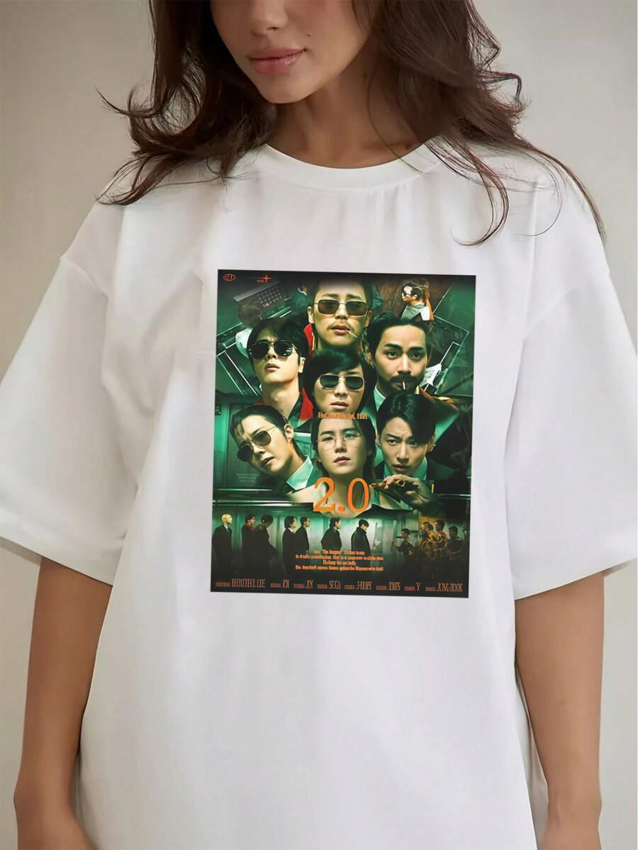 Ropa de mujer a la moda, adecuada para todas las estaciones, una camiseta estilo película con la temática de . - Blanco - Ver 1