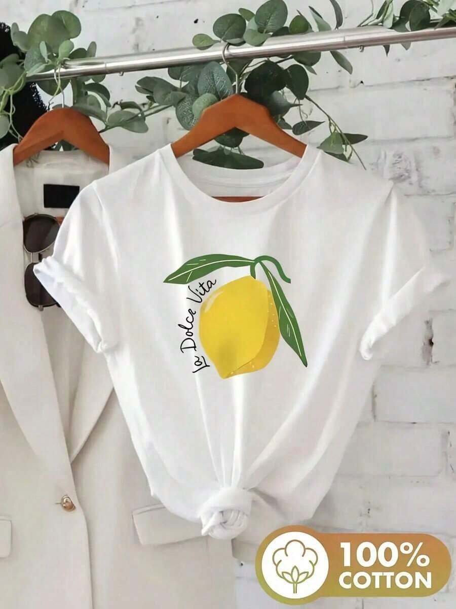 Camiseta Gráfica Vintage de Moda con Estampado de Letras y Dibujos Animados para Mujer, Cuello Redondo, Shir-111 (2) - Blanco 7 - Ver 1