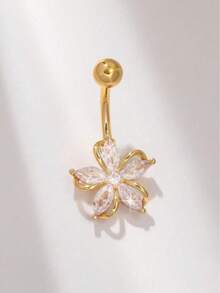 1pc Sparkling Flower Belly Button Ring, Suitable As A Gift For Women For Christmas, Valentine's Day, Birthday, Party Or Decoration - Gold 3 - View 3