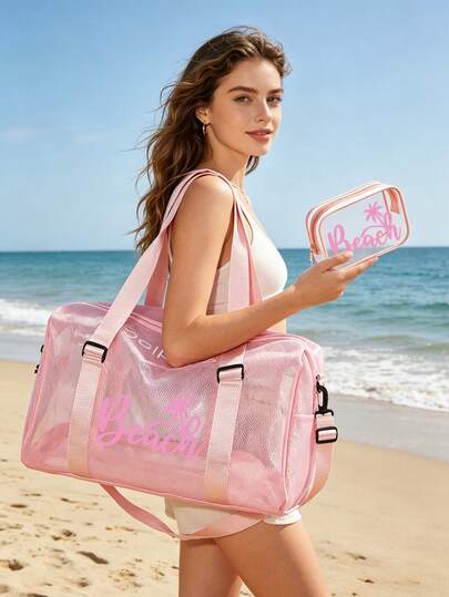 Summer Beach Mesh Duffel Bag Set, Large Capacity Waterproof Transparent Tote With Cosmetic Pouch, "Beach" Print Lightweight Travel Gym Bag For Women, Multi-Purpose Shoulder Bag With Adjustable Strap For Swimming, Vacation, Pool, Outdoor Activities