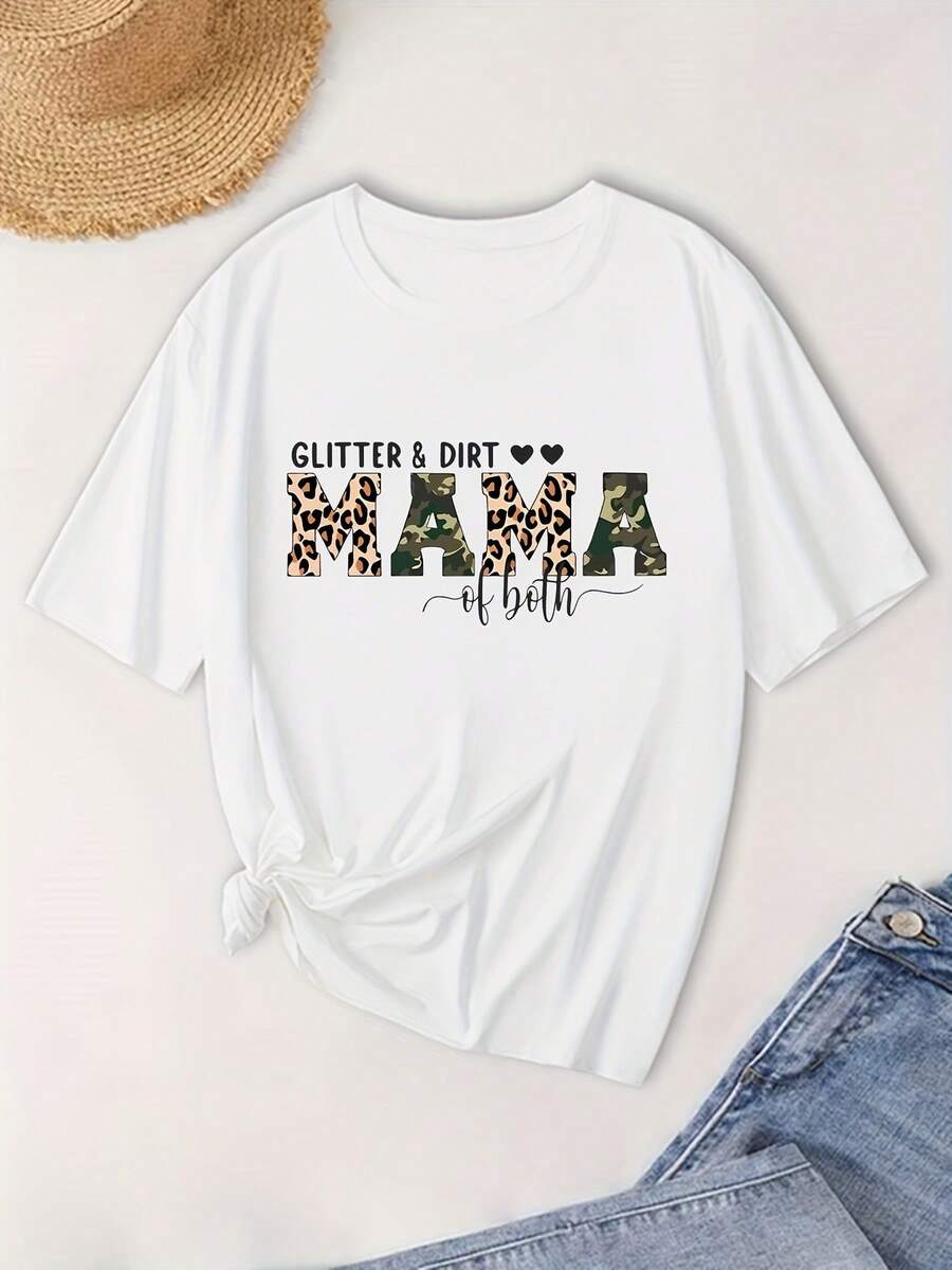 Camiseta de moda de talla grande, manga corta, con letras brillantes y cuello redondo. - Blanco - Ver 1