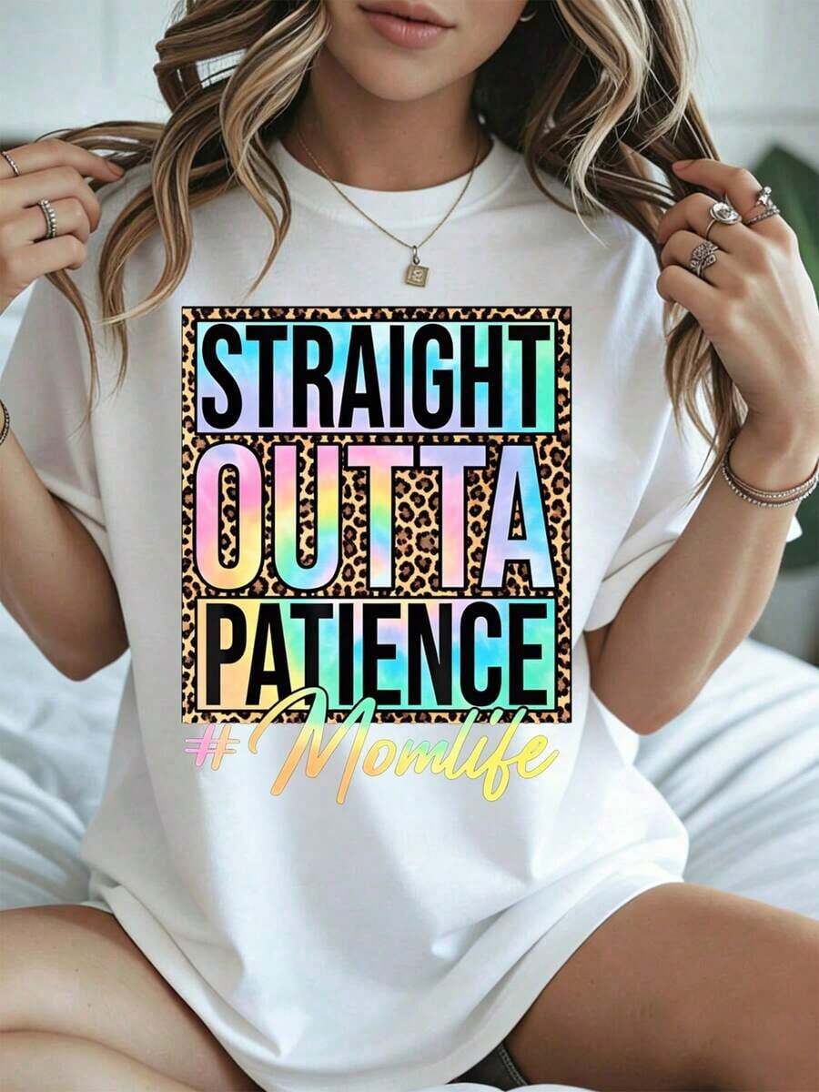 Elegante y casual para mujer, manga corta, camiseta blanca para el Día de la Madre con estampado de leopardo y texto de arcoíris, camiseta gráfica para mujer, ropa casual de primavera y verano. - Blanco - Ver 1