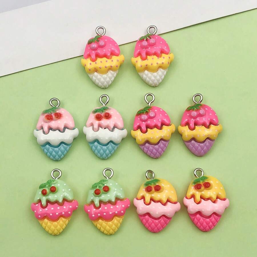 10/20Pcs Resin Cherry Ice Cream Cone Charms With Loop Cute Food Pendants For DIY Earring, Keychain & Phone Case Decor Jewelry Making 16x24mm - Pendant - View 1