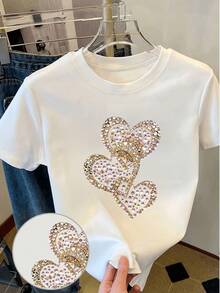 [Circle]Women's Casual T-Shirt, Pink Diamond Heart Print T-Shirt, Sweet And Understated Luxury Style, Gift, Casual Round Neck Top, Breathable, Lightweight And Comfortable, Suitable For Spring And Summer Wardrobes - Unisex Urban Style Vintage T-Shirt, Loose Fit, Cotton, Short Sleeve And Round Neck - 白色 - 查看 1