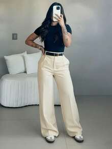 Pantalones anchos de cintura alta y ajuste ceñido en color café, estilo callejero bohemio, adecuados para uso casual, ir al trabajo y vacaciones en primavera/verano - Albaricoque 3 - Ver 2