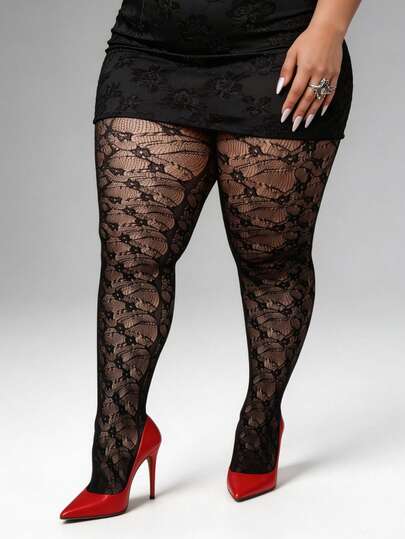 1pc Plus Size Women Gothic Floral Jacquard Fishnet Leggings, Black Elastic Sexy Fishnet Stockings, Suitable For Halloween, Christmas, Party, Daily Wear