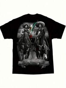 Camiseta de hombre David Gonzalez  Pancho con diseño de arte mexicano revolucionario - Cuello redondo informal, ajuste cómodo de algodón, para usar en todas las estaciones, diseño estampado vibrante, camiseta de arte mexicano de uso casual, tela de algodón. - Negro - Ver 1