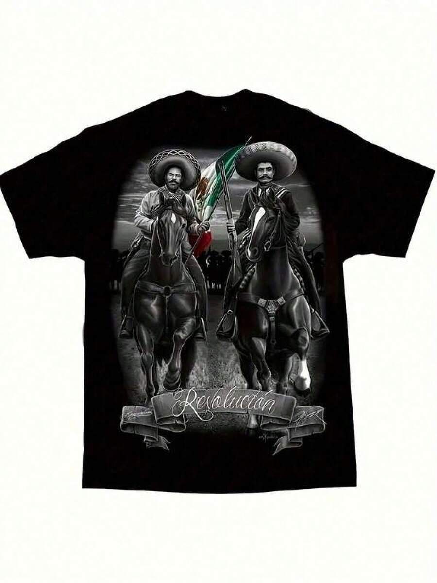 Camiseta de hombre David Gonzalez Pancho con diseño de arte mexicano revolucionario - Cuello redondo informal, ajuste cómodo de algodón, para usar en todas las estaciones, diseño estampado vibrante, camiseta de arte mexicano de uso casual, tela de algodón. - Negro - Ver 1