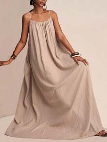 xheZivah Vestido holgado de mujer con textura vertical, corte suelto, de color caqui, de manga corta y ajustable, apropiado para el verano de 2025, festivales de música, Pascua, Día de San Patricio, estilo occidental, estilo nómada, fiestas de cumpleaños, temporada de graduación, uso casual diario, versátil, de ocio, vacaciones, viajes en crucero, playa, tomar el sol, popular en redes sociales. xhe - Albaricoque - Ver 5