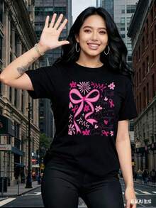 Women's Short Sleeves, Interesting Printed T-Shirts, Beautiful ClothesWhite T-Shirt With Pink Ribbon And Floral Design Faith Hope Love Courage Strength Cure Breast Cancer Awareness For Women Casual Wear-Vintage Street Style Unisex Loose Cotton Short Sleeve Crew Neck T-Shirtblusas para mujer. blusas.blusas casuales para dama. - Negro - Ver 4
