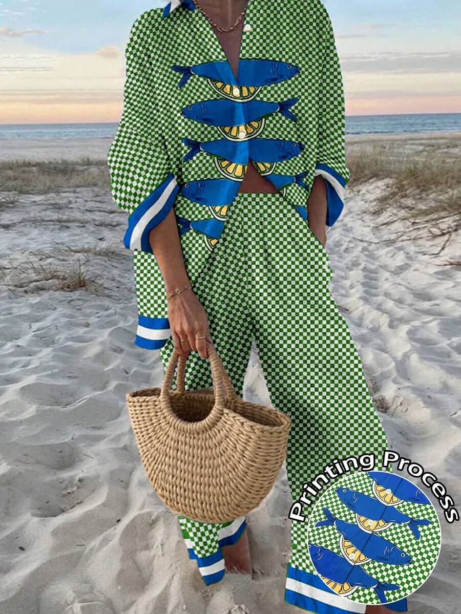 Serie de vacaciones en la playa MOOSGOP: Conjunto de pantalones y blusa de manga larga con estampado de limón y sardina, de corte holgado y casual con parches de cuadros, elegante para otoño/invierno - Verde azulado - Ver 1