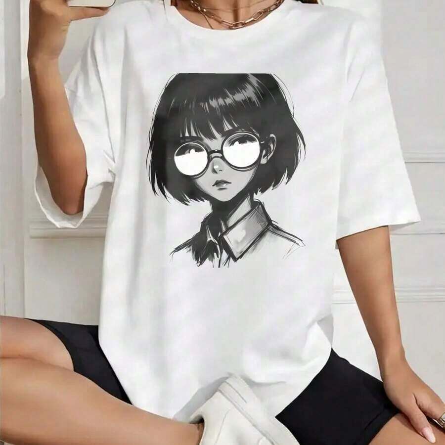 ModaModaSummer Camiseta de Algodón Estampada Estilo Coreano para Mujer, Diseño de Chica con Gafas y Corte de Pelo Bob, Manga Corta, Cuello Redondo, Top para Damas, Bonita y Estampada. - Blanco - Ver 1
