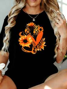 Camiseta con Estampado de Girasol, Leopardo y Corazón para Mujer, Corte Holgado Casual, Blanca, Moda de Verano, 180g, para Ocio, Hogar, Aire Libre, Regalo para el Día de San Valentín o Fiesta - Negro - Ver 7